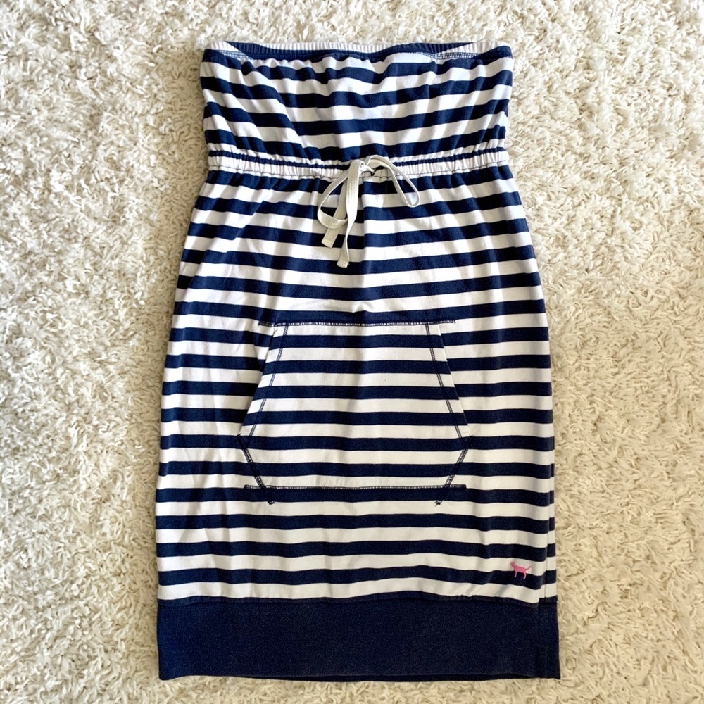 Strapless blue and white striped dress or coverup
